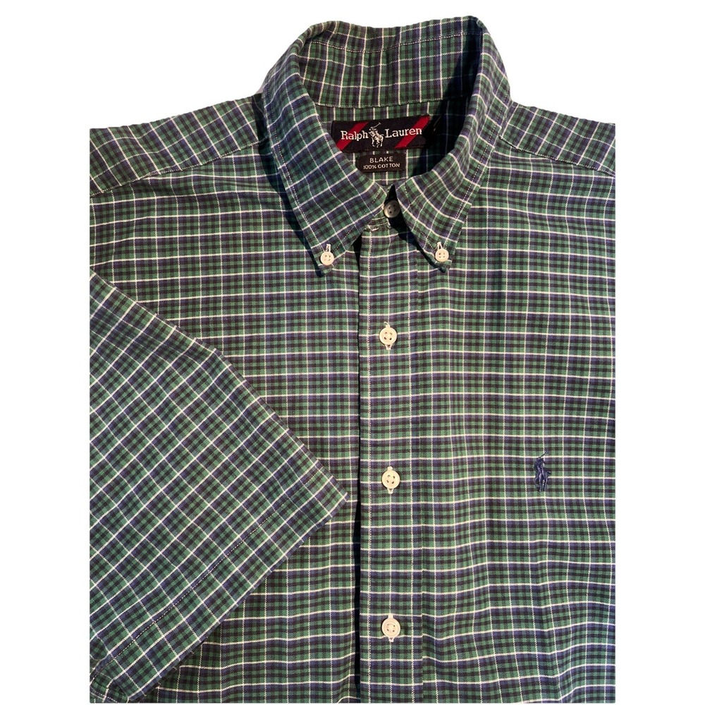 Ralph Lauren Blake‎ Green and Blue Plaid Button Down Short Sleeve Sz M Medium